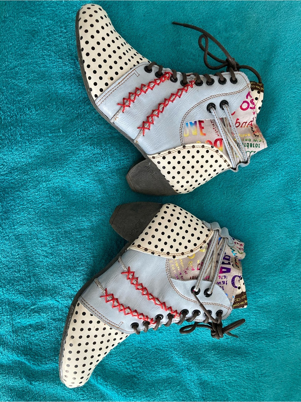 TMA US 81/2 Polka Dot Light Blue and White Lace-Up Booties